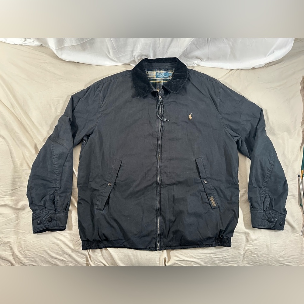 Polo Ralph Lauren Flannel Lined Bomber Jacket XLT Black Full Zip Corduroy Collar